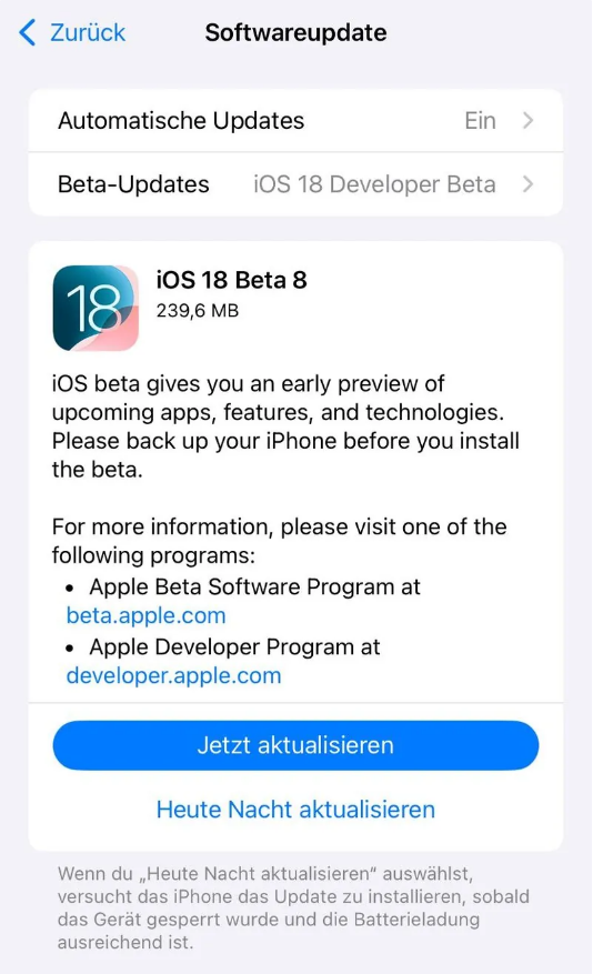 桂林苹果手机维修分享苹果 iOS / iPadOS 18 开发者预览版 Beta 8 发布 